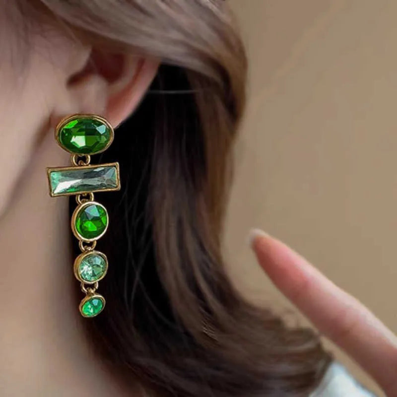 Green gradient alloy earrings with geometric tassel design and inlaid zircon details