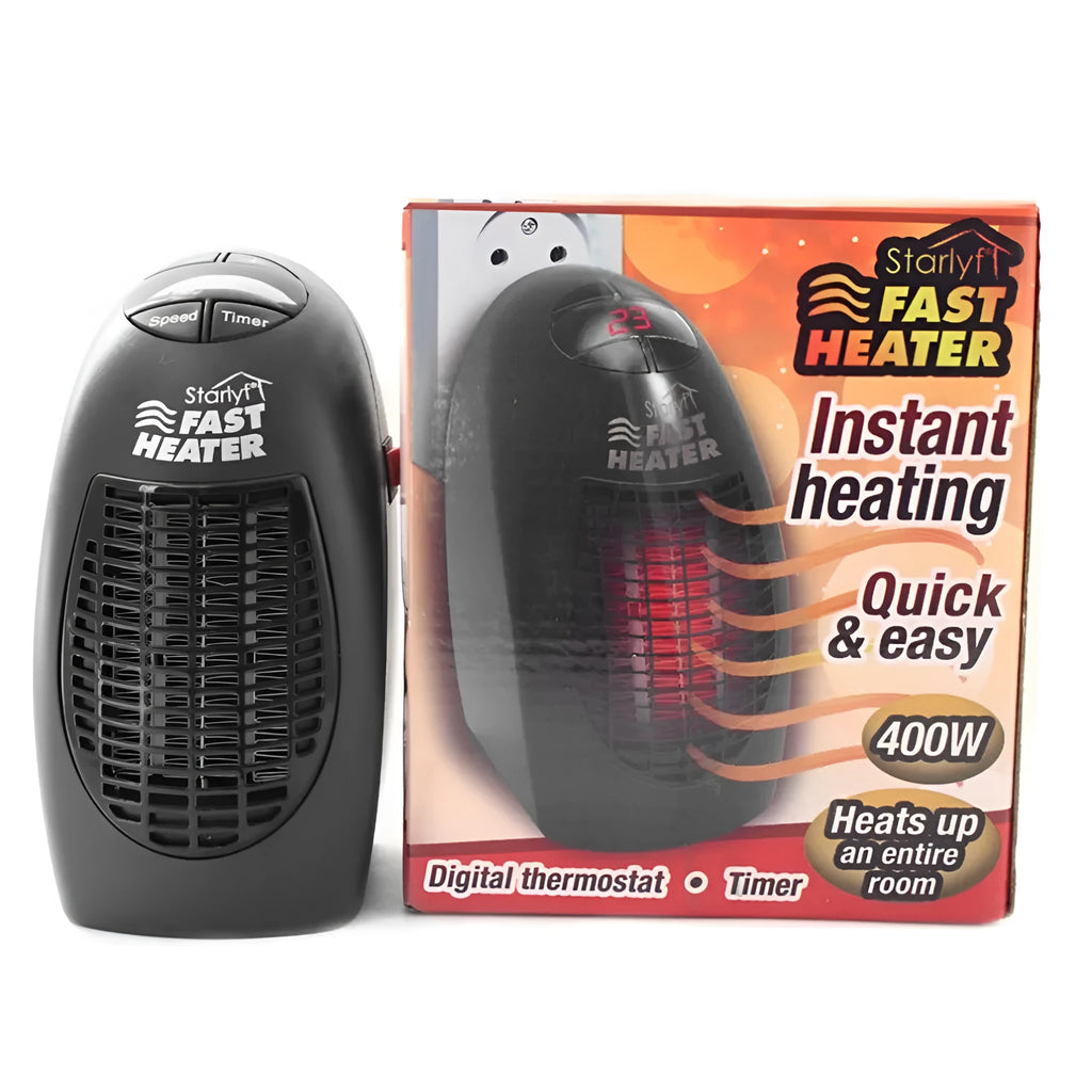 Black portable electric heater with digital display and rotating plug, measuring 8x7x16cm