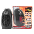 Black portable electric heater with digital display and rotating plug, measuring 8x7x16cm