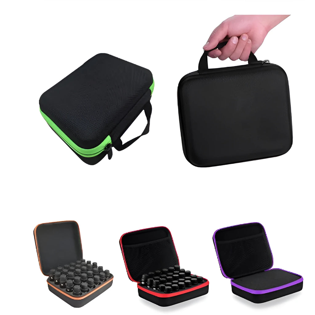 Red EVA essential oil storage bag with 30 compartments for 15ml bottles, shown with zipper open.