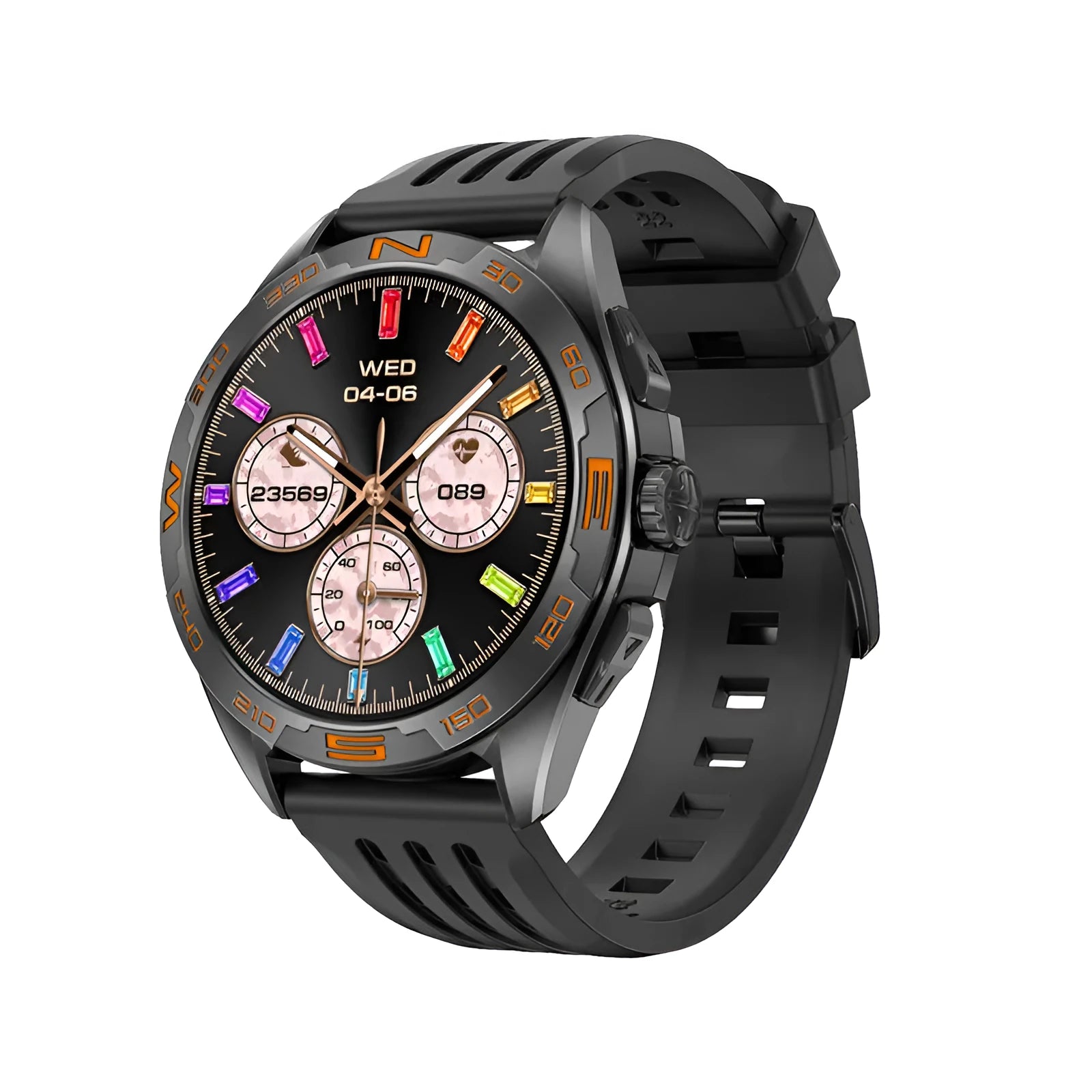 Smart watch with health monitoring sensors and touchscreen display.