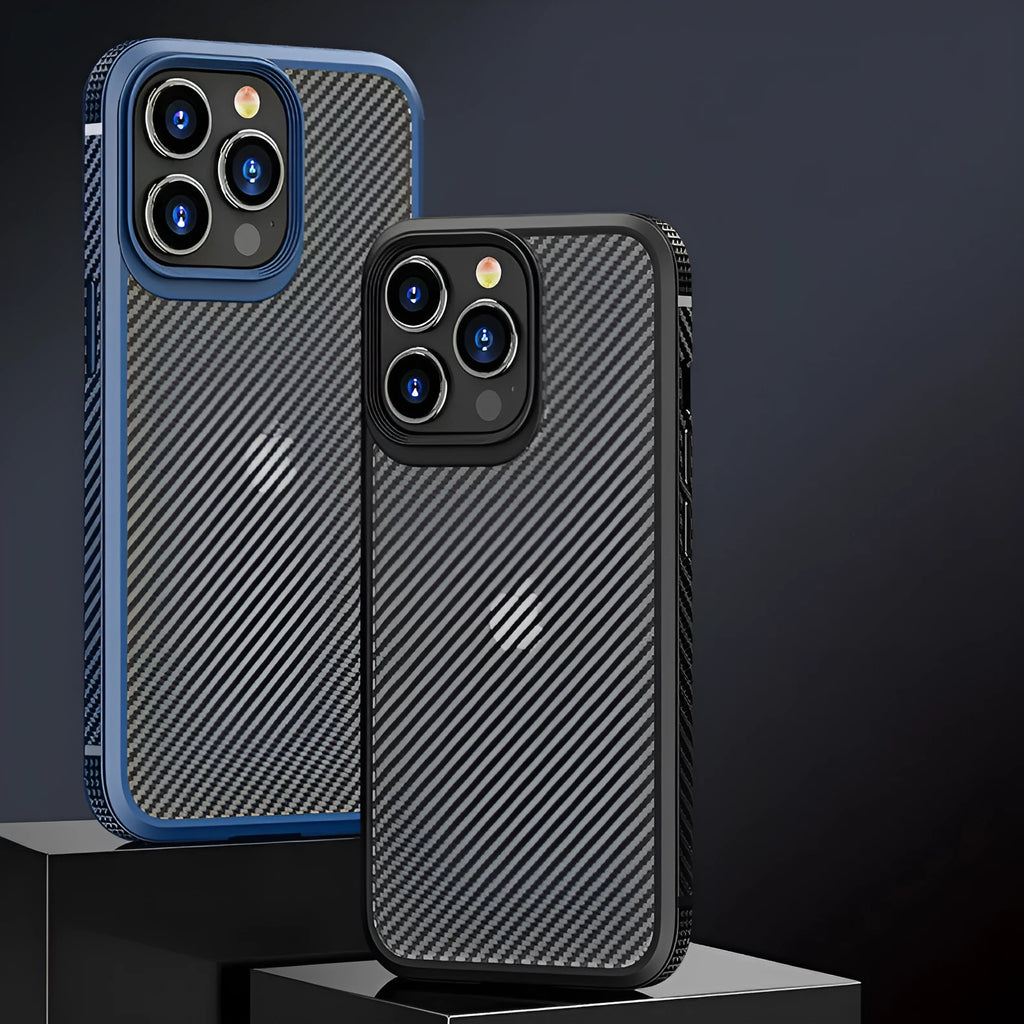 Black iPhone 13 protective case with carbon fibre pattern showing front and back views