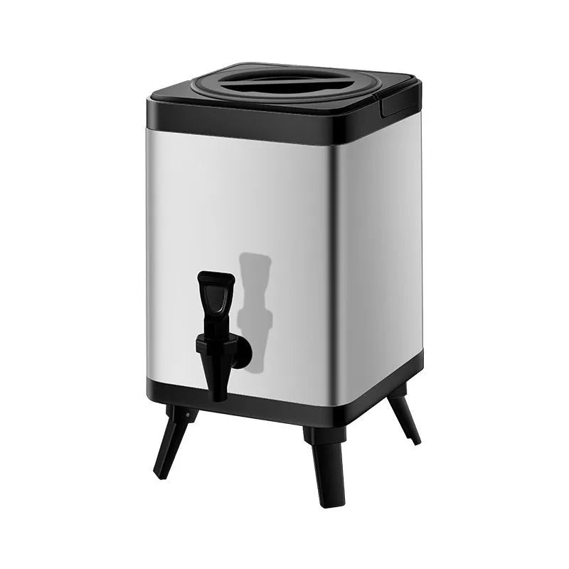Silver stainless steel milk tea bucket with square lock lid showing 8L capacity for commercial beverage storage