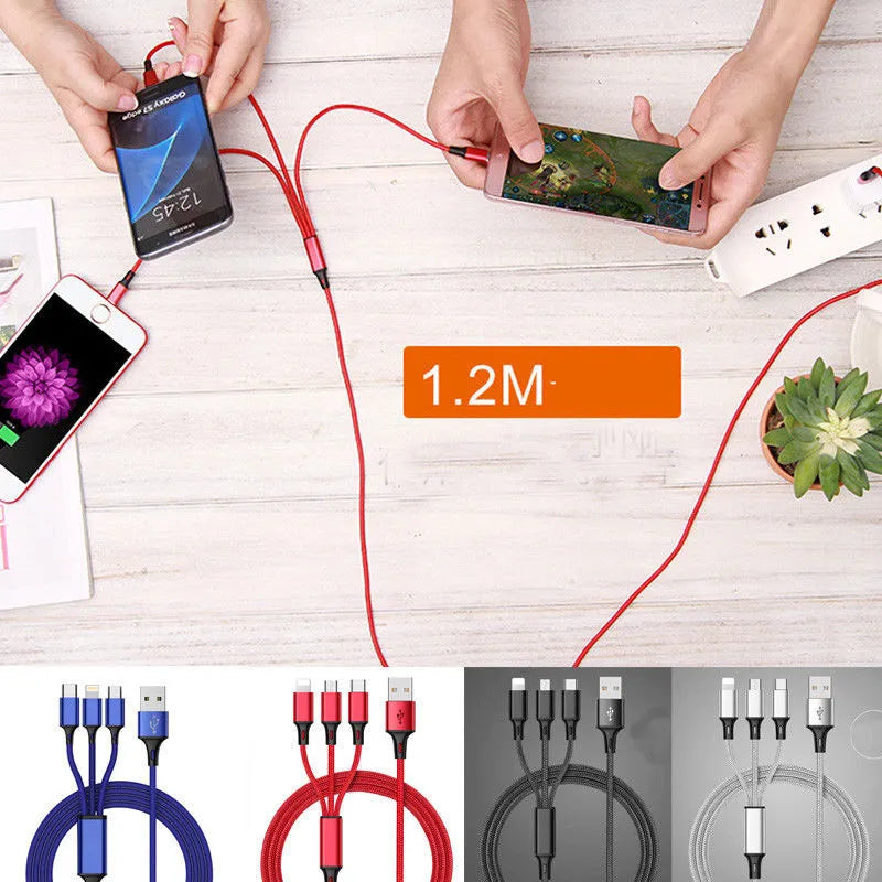 Braided 3-in-1 universal USB data cable in multiple colours, showing iPhone, Android, and Type-C connectors.