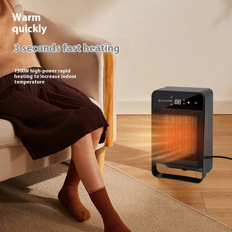 Black desktop electric heater with touch screen digital display and remote control on office desk