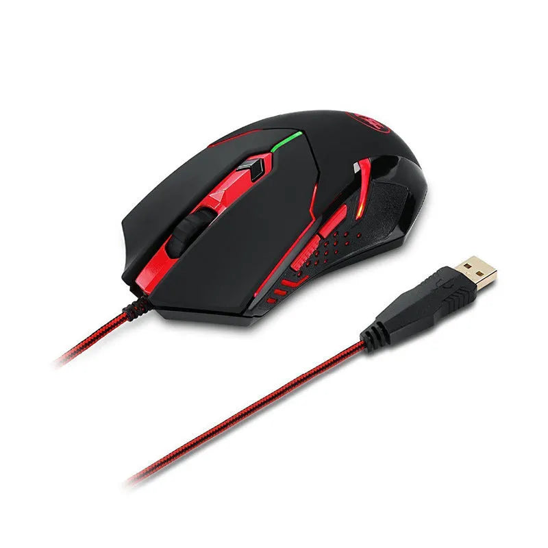 Black and red wired USB optical gaming mouse with six buttons on a desk.