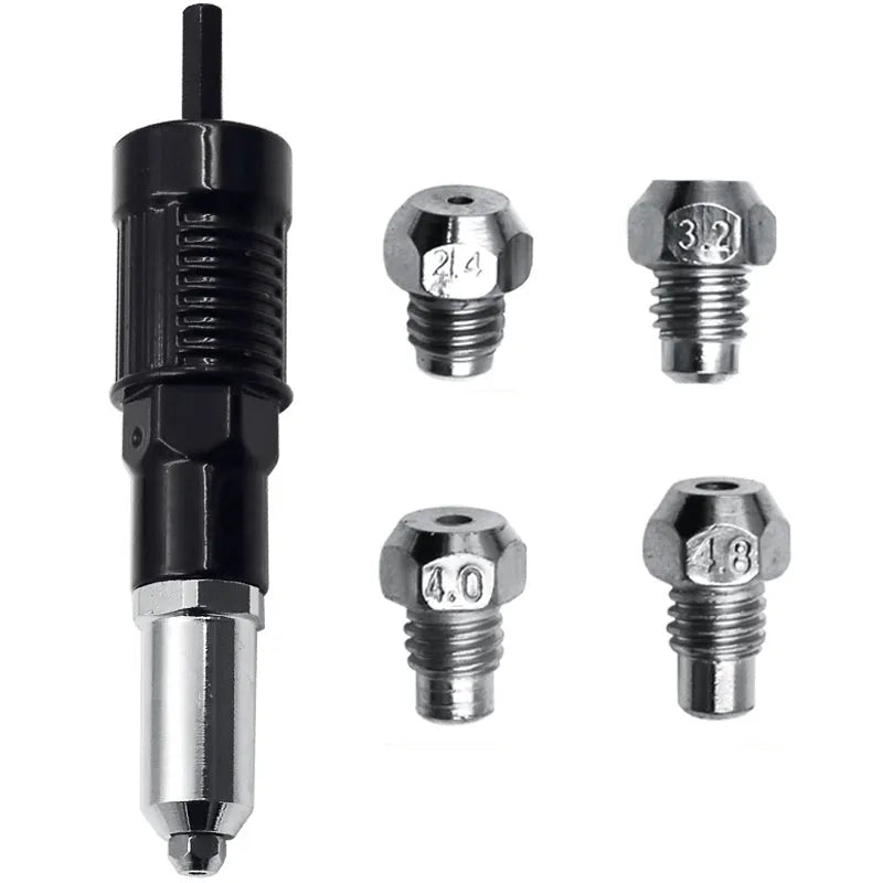 Black metal electric drill rivet gun attachment, 173mm long, with handle and four rivet heads.