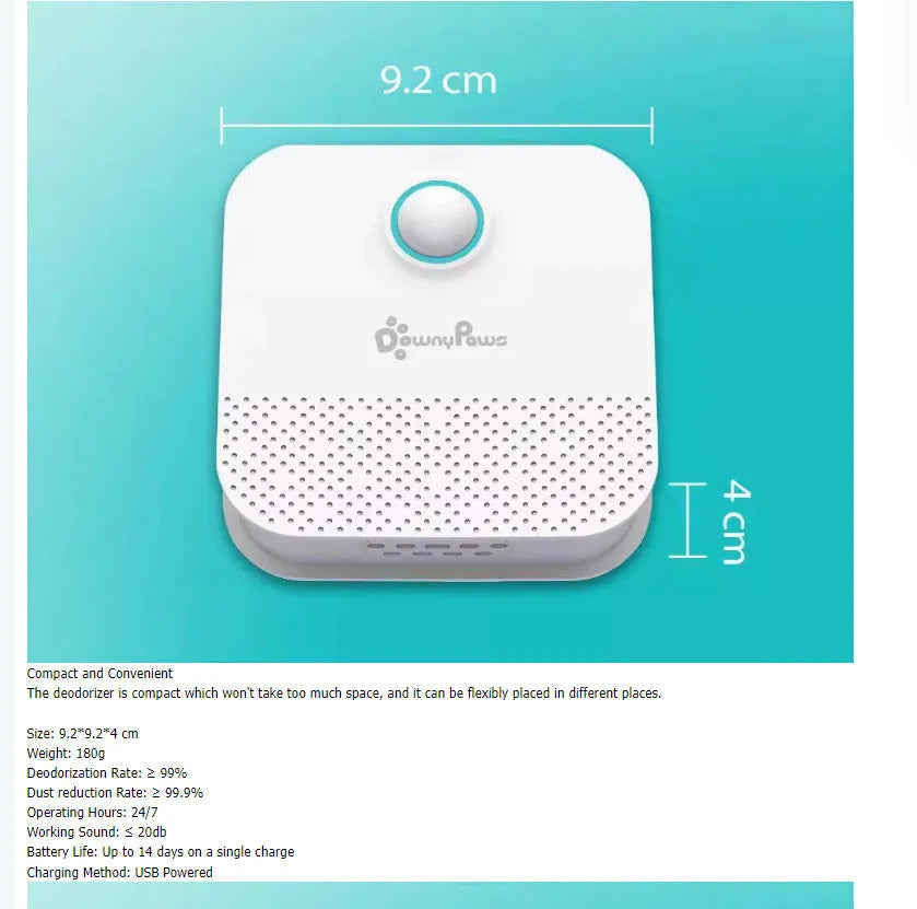 White DownyPaws 4000mAh smart cat litter odour purifier measuring 9.2x9.2x4 cm