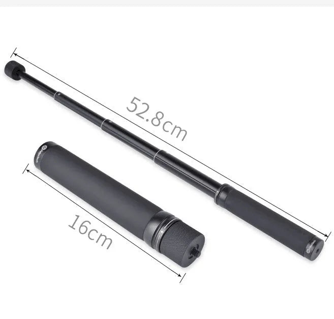Black retractable selfie stick with phone bracket and anti-shake clip extended for use.
