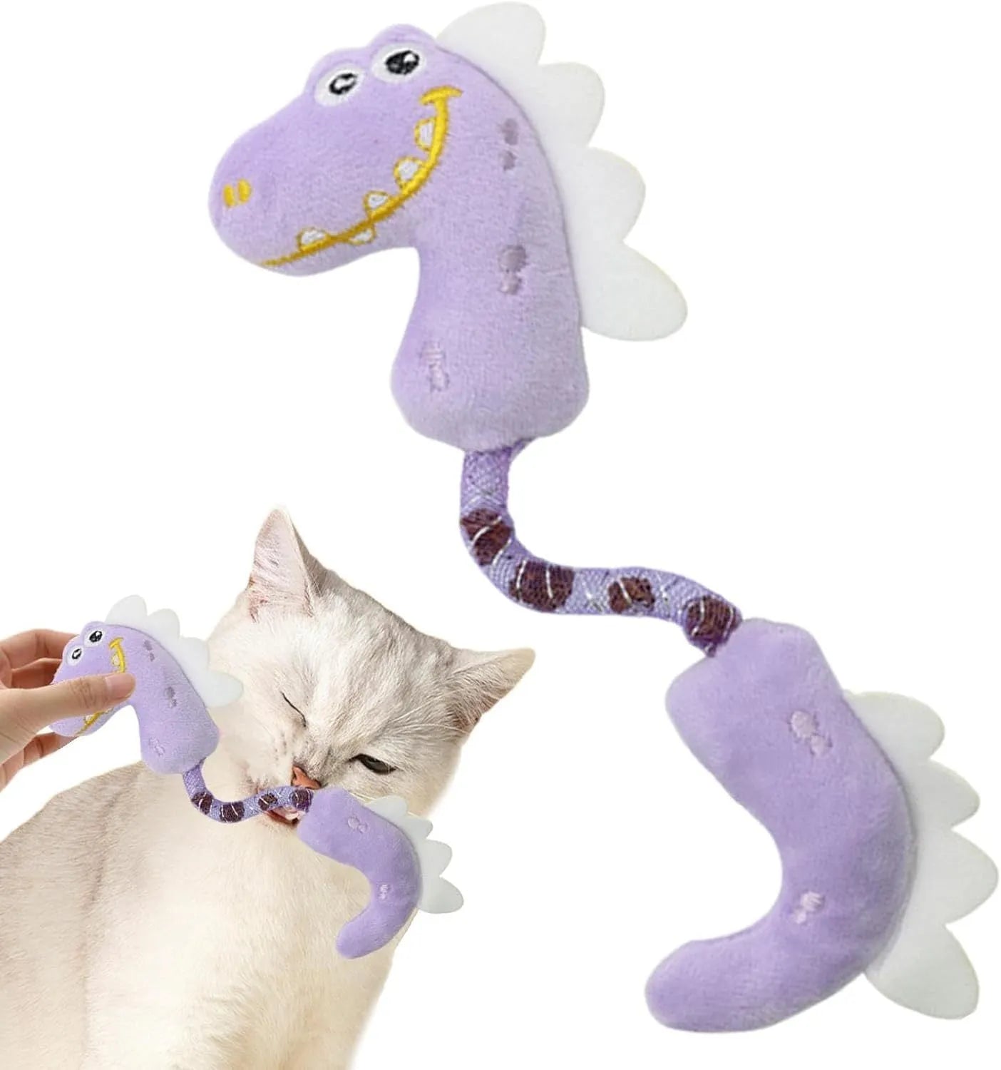 Four-piece cat toy bundle showing plush mouse, fish, bunny, rope toys, springs and kicker toys in assorted colours