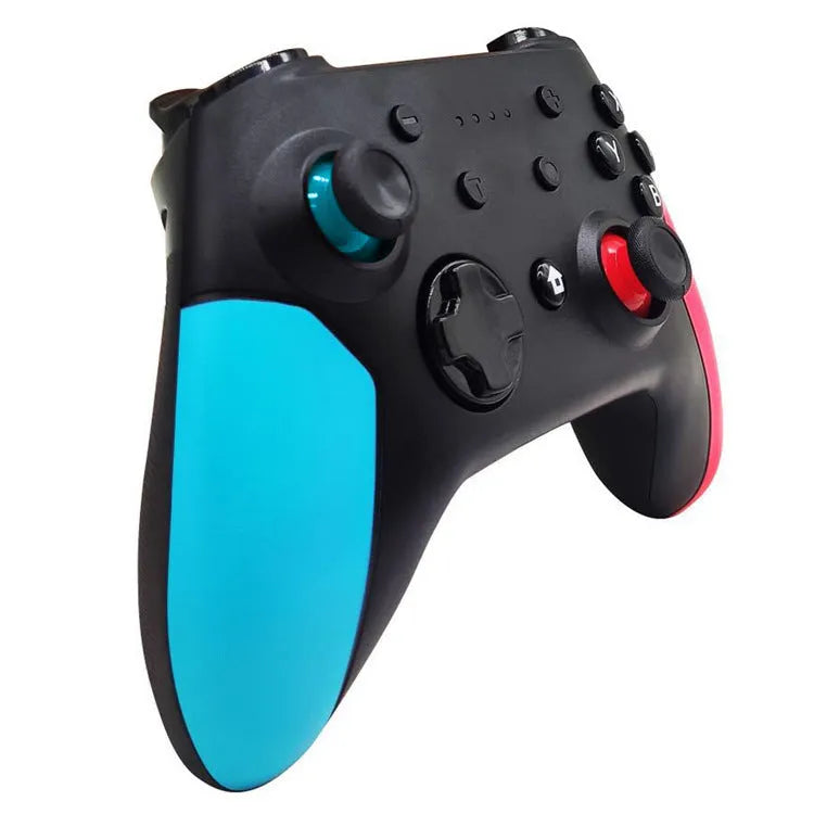 Bluetooth gamepad for Nintendo Switch and PC in left blue right red colour scheme on a white background.