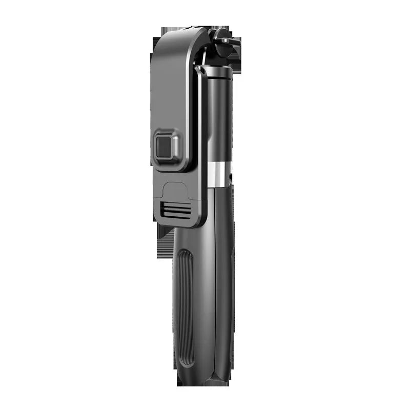 Black stainless steel Bluetooth selfie stick tripod extended with phone attached, showing wireless remote.