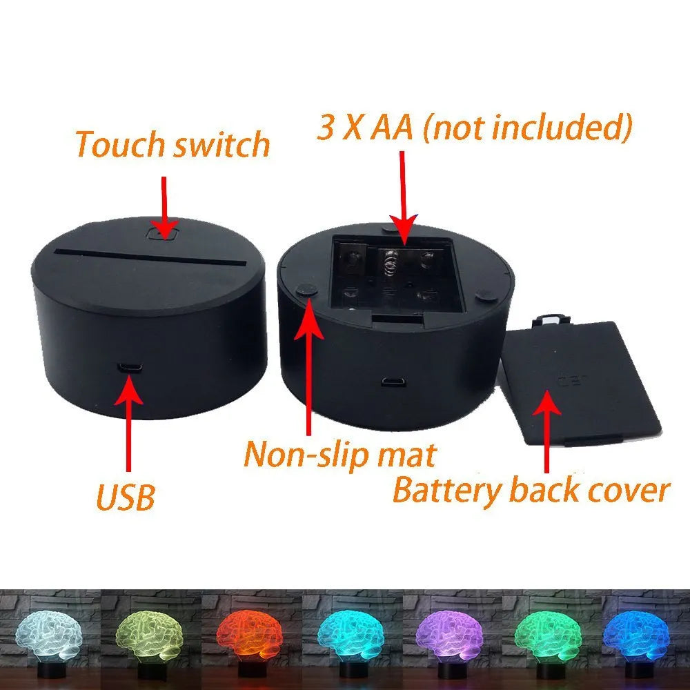 Brain-shaped 3D illusion LED desk lamp with multicolour light projection on acrylic plate and remote control.