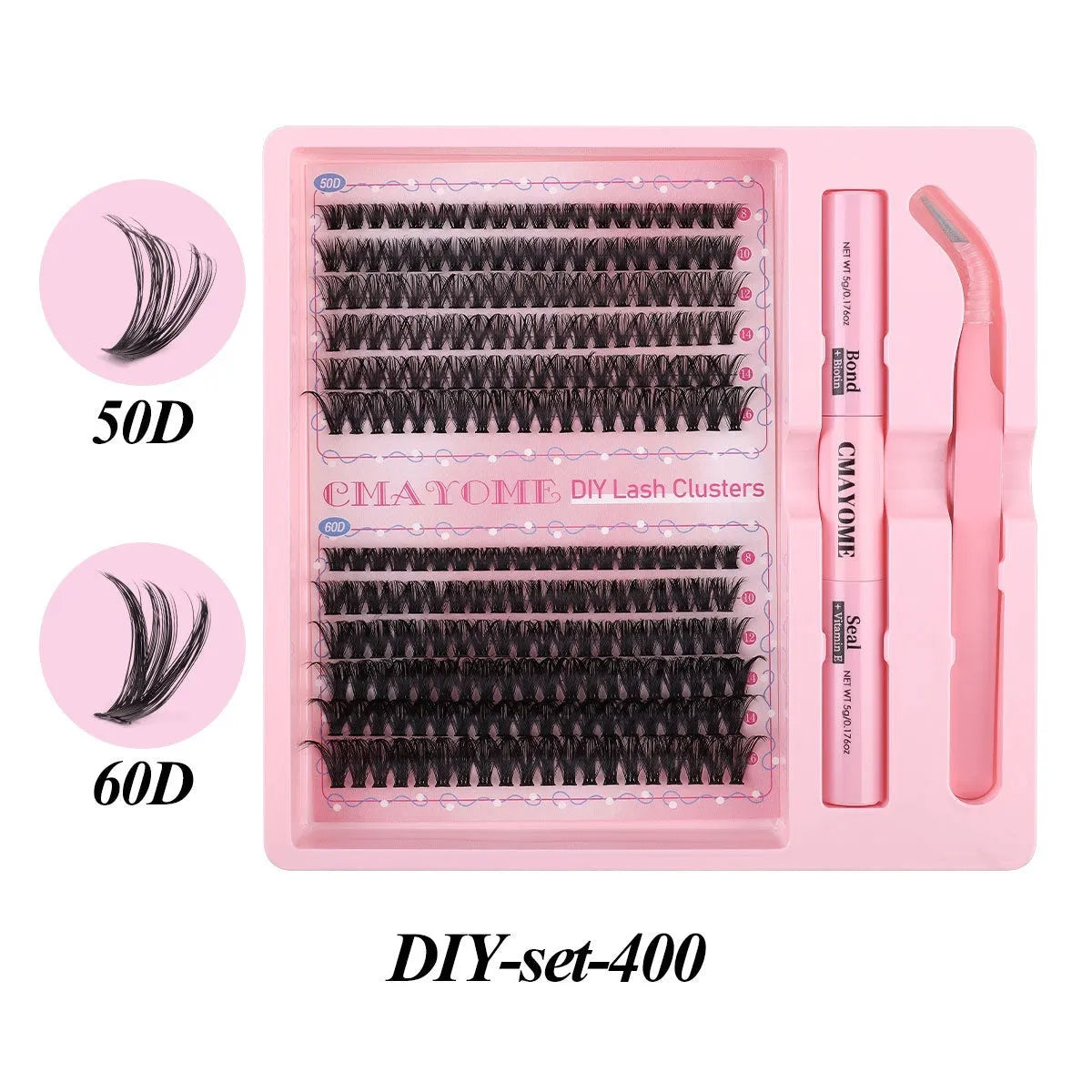 DIY single cluster false eyelashes set with adhesive and applicator tool on a white background.
