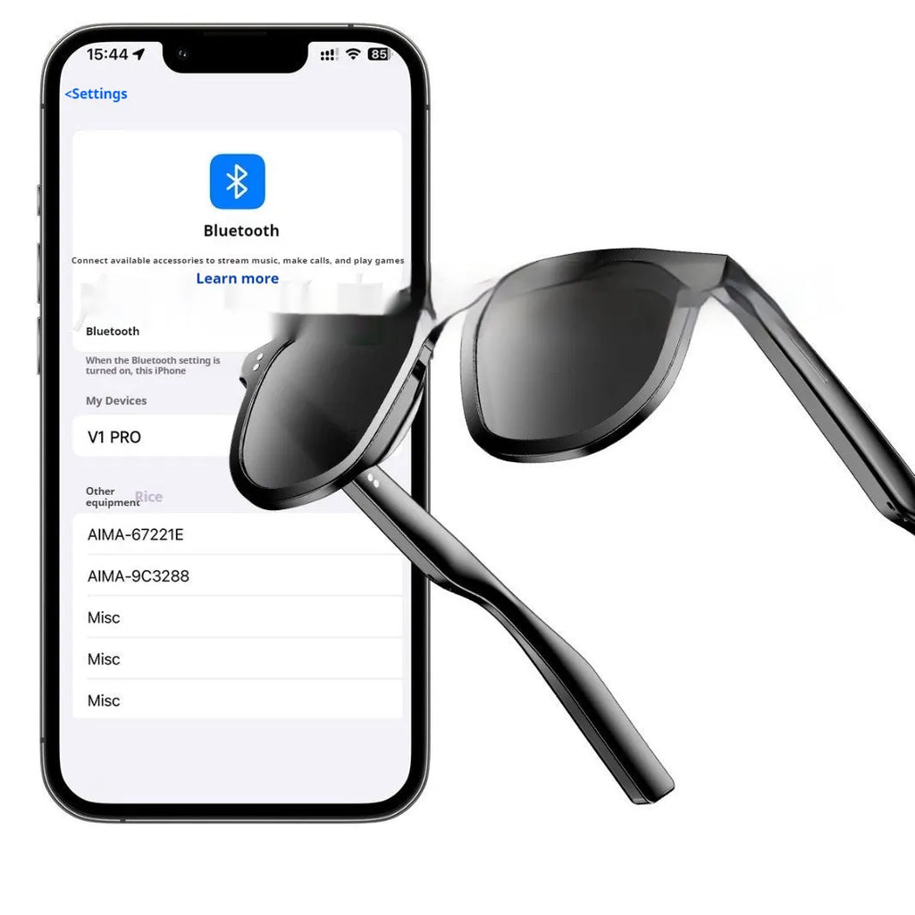 Black AI smart glasses with Bluetooth audio and touch control features