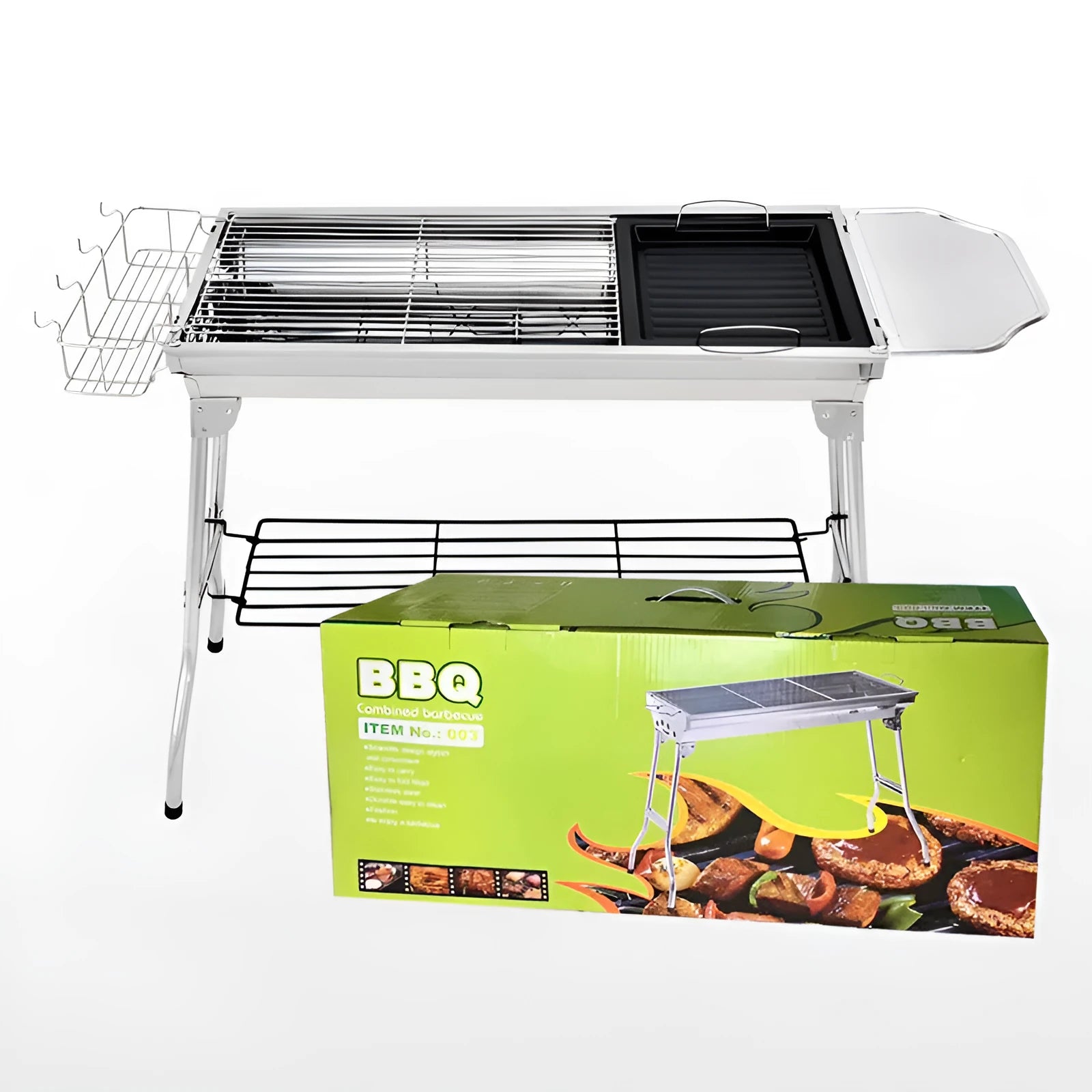 Large stainless steel portable flip barbecue oven with charcoal grill and cooking nets.