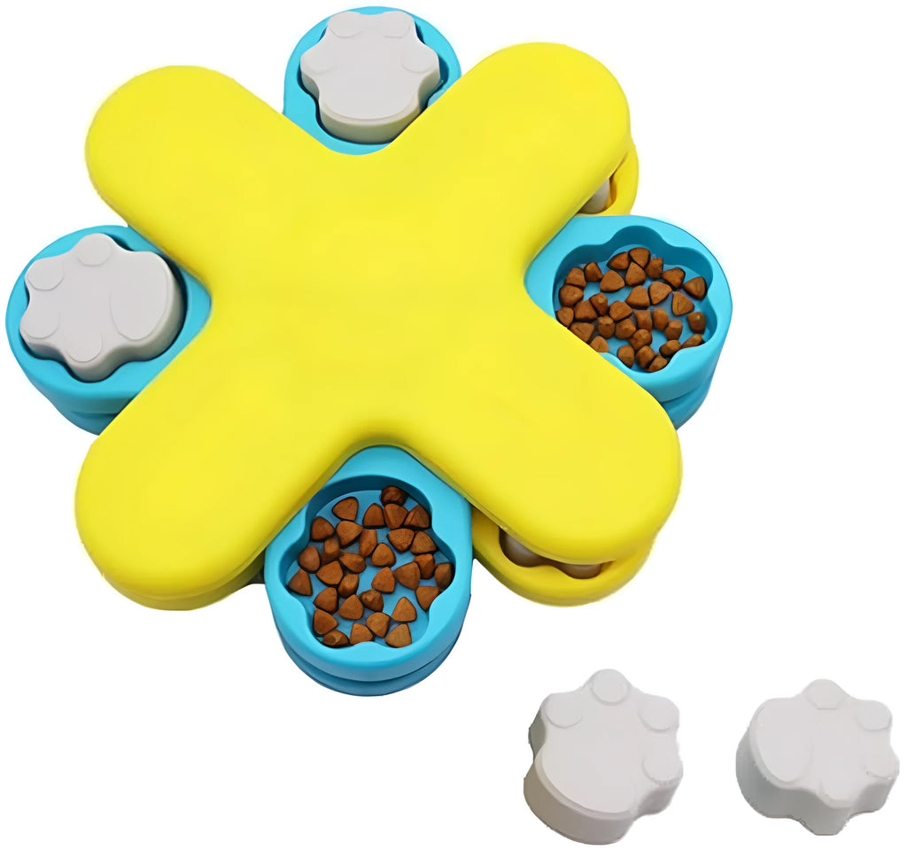 Yellow three-layer rotating dog puzzle feeder with claw-shaped lids on anti-slip base