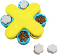 Yellow three-layer rotating dog puzzle feeder with claw-shaped lids on anti-slip base
