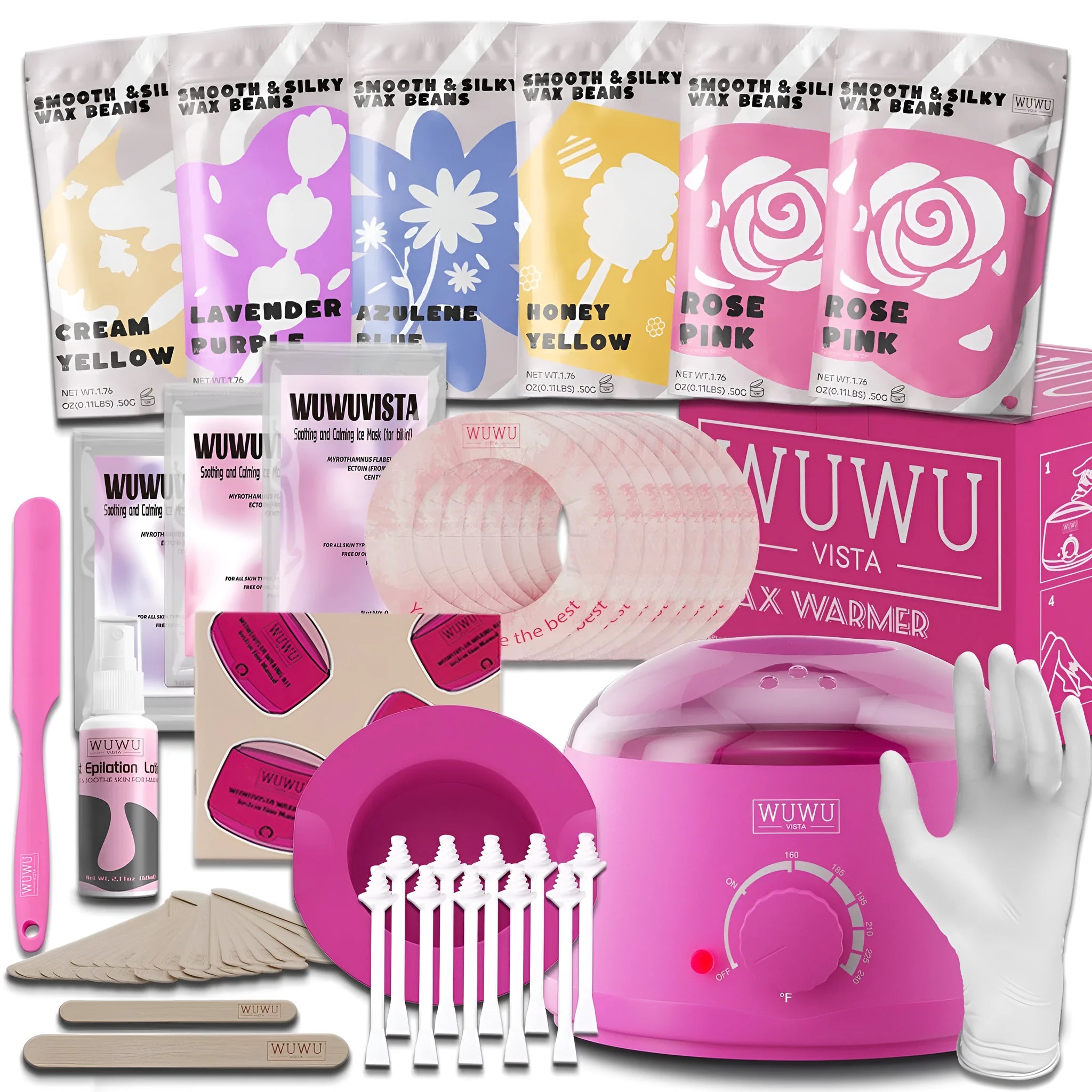 WUWUVISTA 56-piece professional waxing kit with wax warmer, beads, applicators and aftercare products