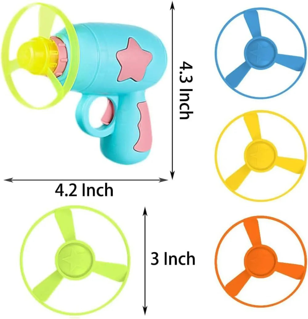 Blue plastic cat toy gun with frisbee launcher for indoor cats on white background