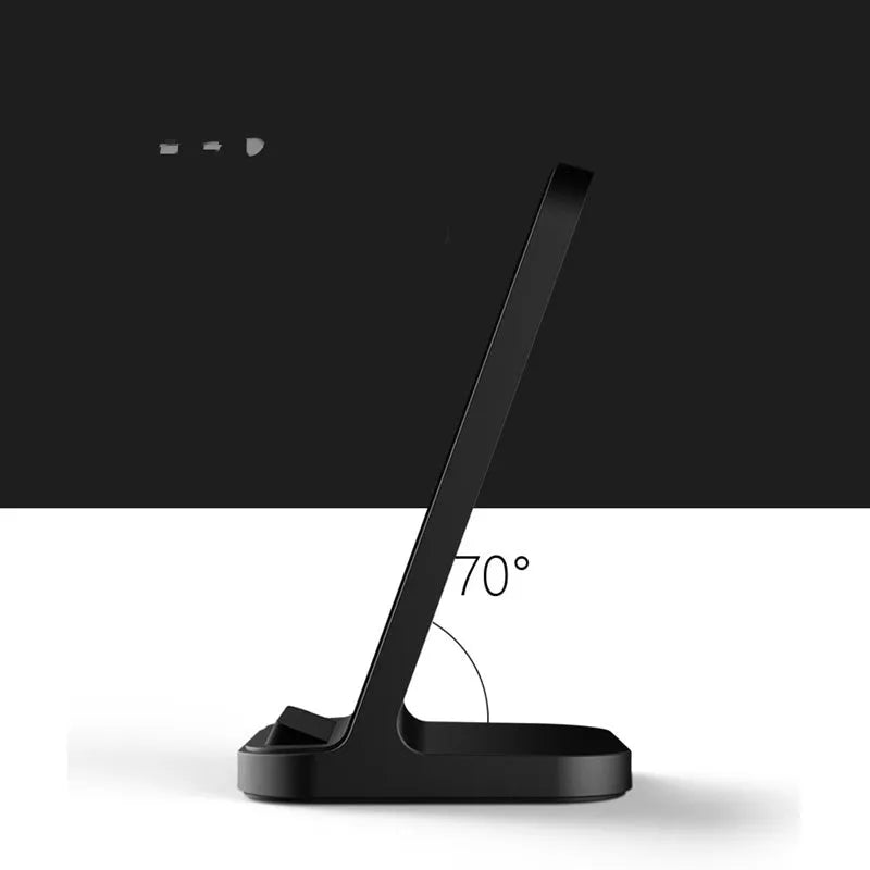 Dark grey vertical wireless charging stand for Apple iPhone on desktop