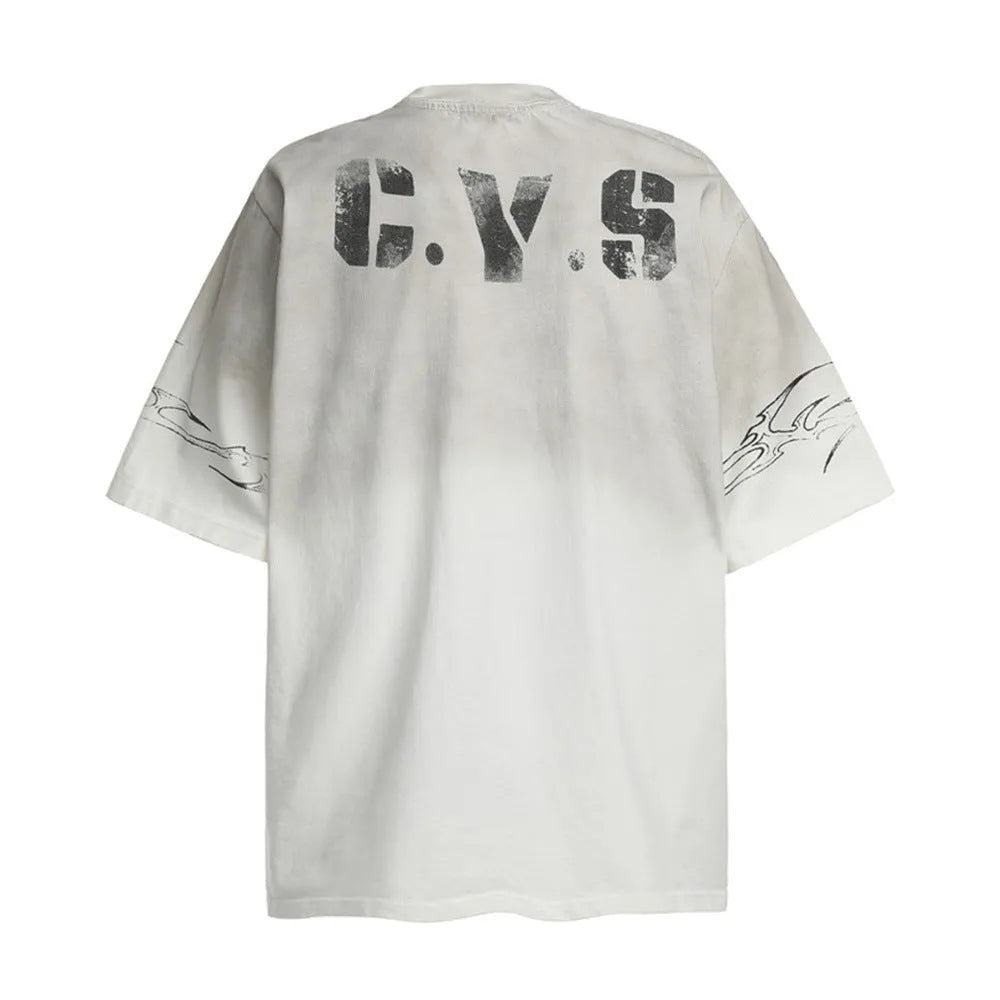 Men's black and white pure cotton short-sleeved t-shirt with a print, shown in sizes S to XL.