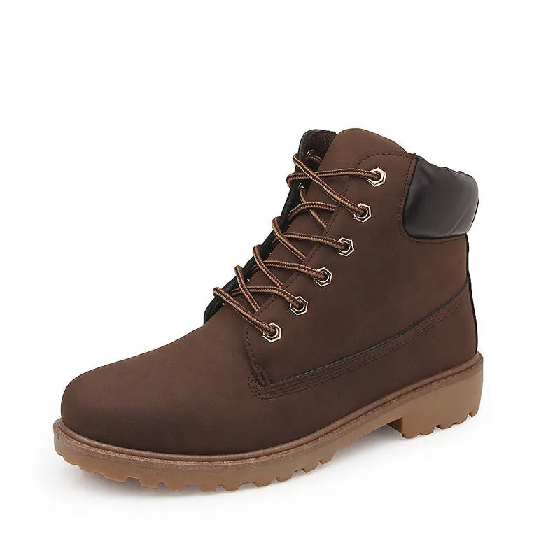 Men's pink high-top lace-up Martin boots with velvet lining and a flat rubber sole.