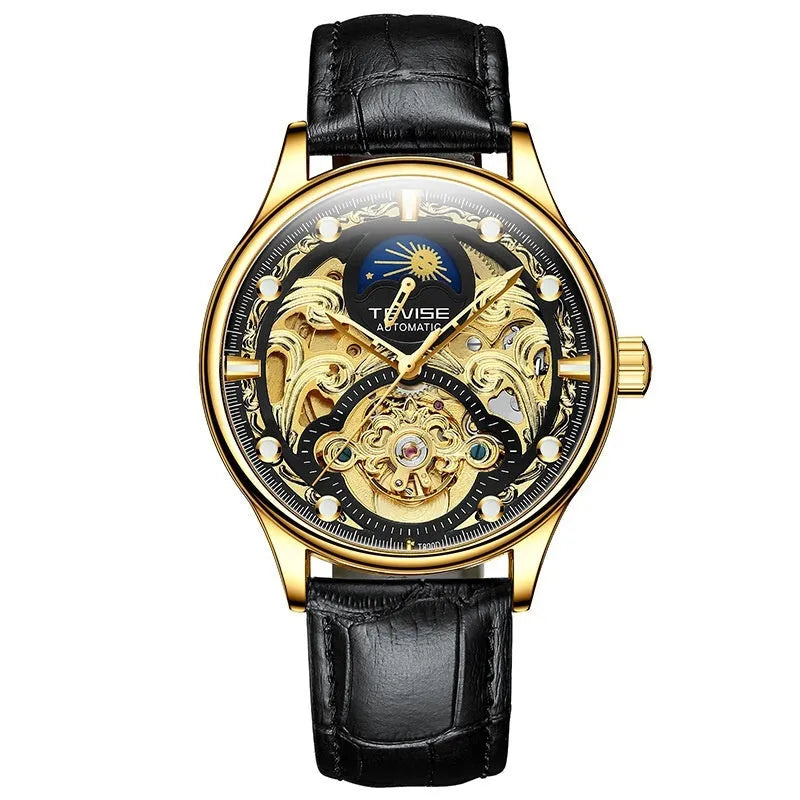 Gold leather strap automatic mechanical watch for men on wrist