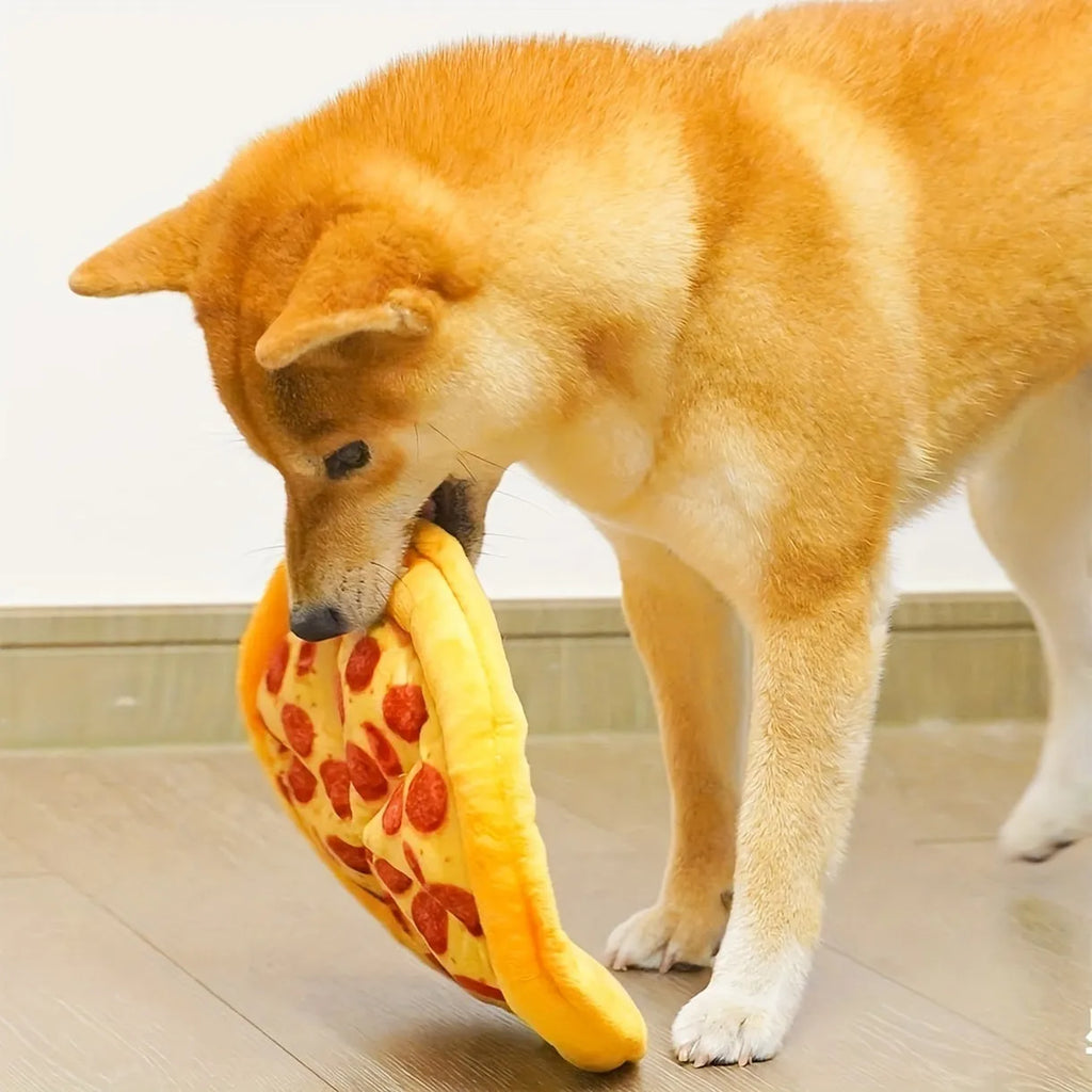 Yellow teddy bear shaped dog chew toy designed as a pizza slice with a textured surface