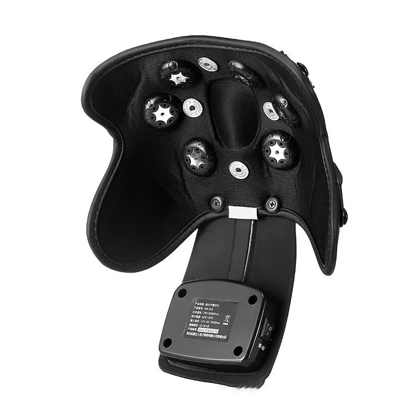 Portable infrared knee and shoulder massager unit with adjustable temperature control and two fabric pads.