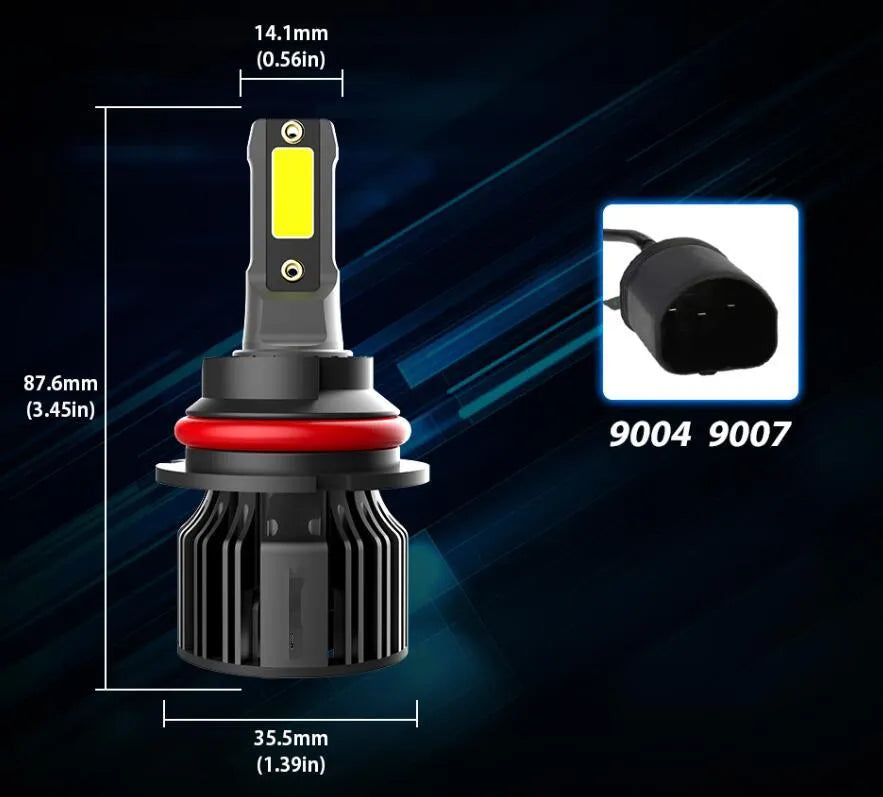 Car LED headlight bulb kit showing 6000K white light, 72W power rating, and compatible model numbers like H7 and 9005.