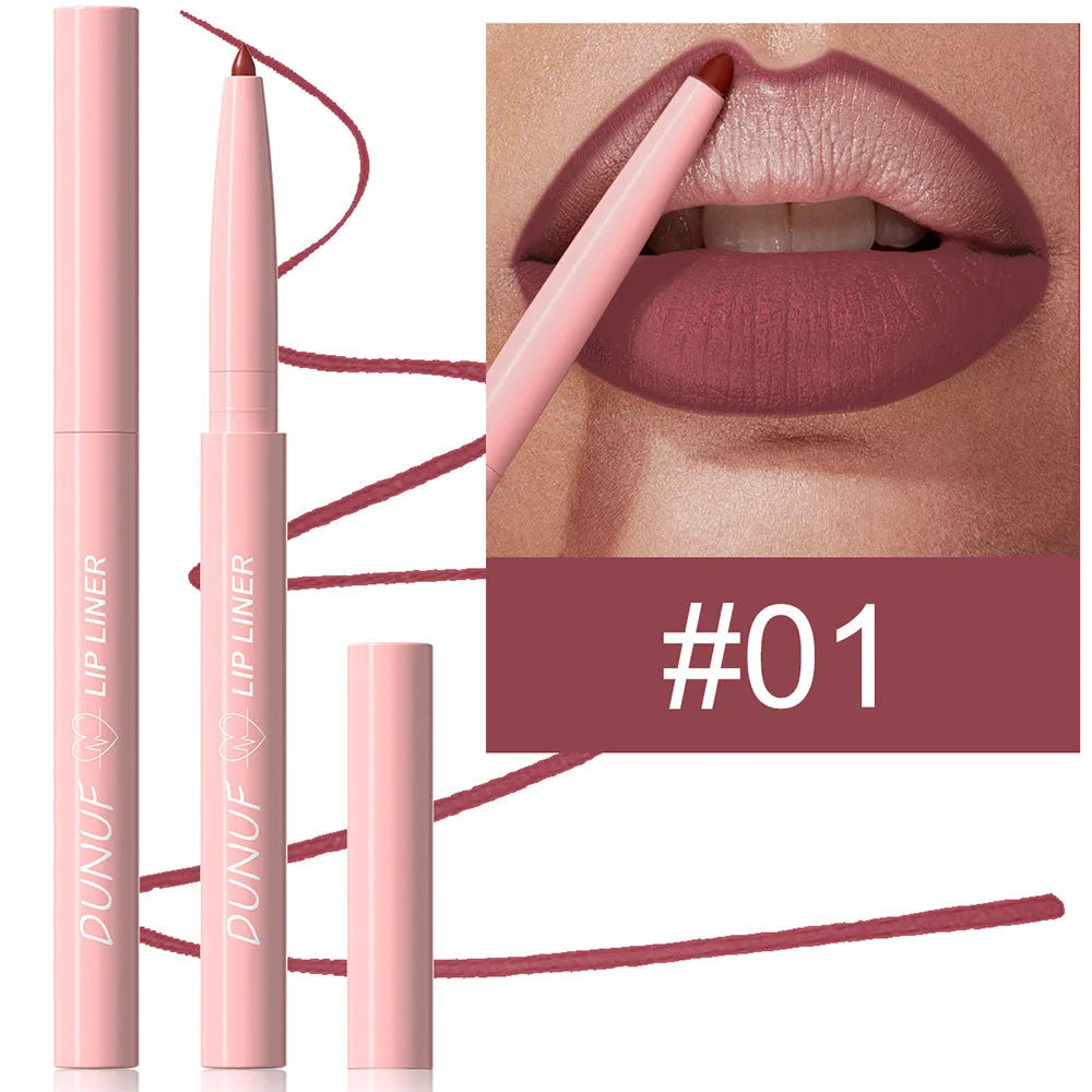 A Velvet Matte Lip Liner pencil shown alongside swatches of its twelve available colour shades.
