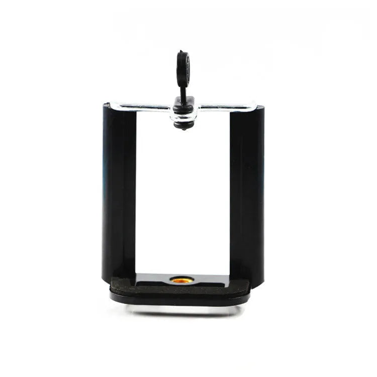 Black plastic U clip phone holder with adjustable hose bracket for mounting a mobile phone.