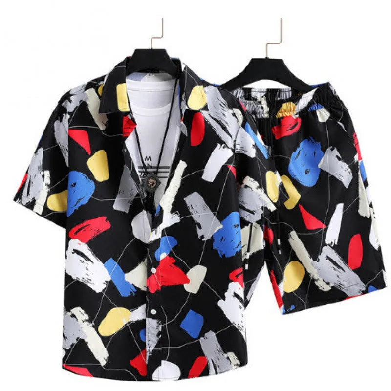 Man wearing a digital print short sleeve cardigan and matching shorts from the casual suit set.