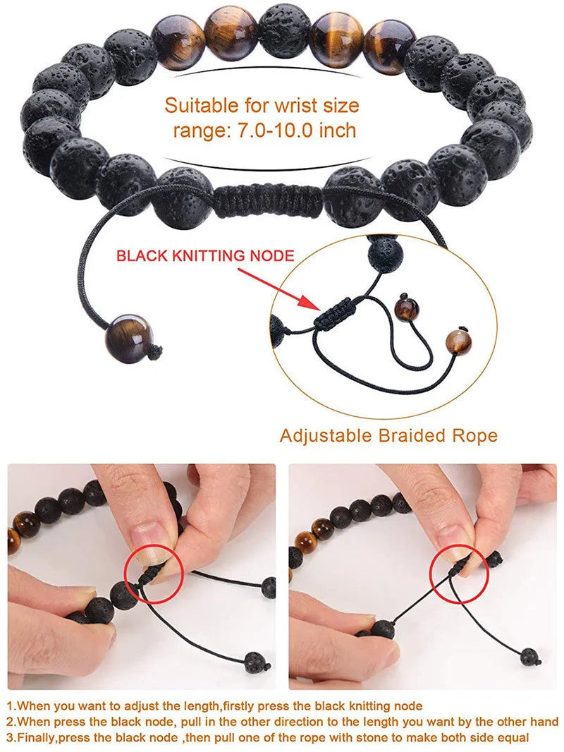 Matte black agate tiger eye bead couple bracelets with geometric design on a neutral background.