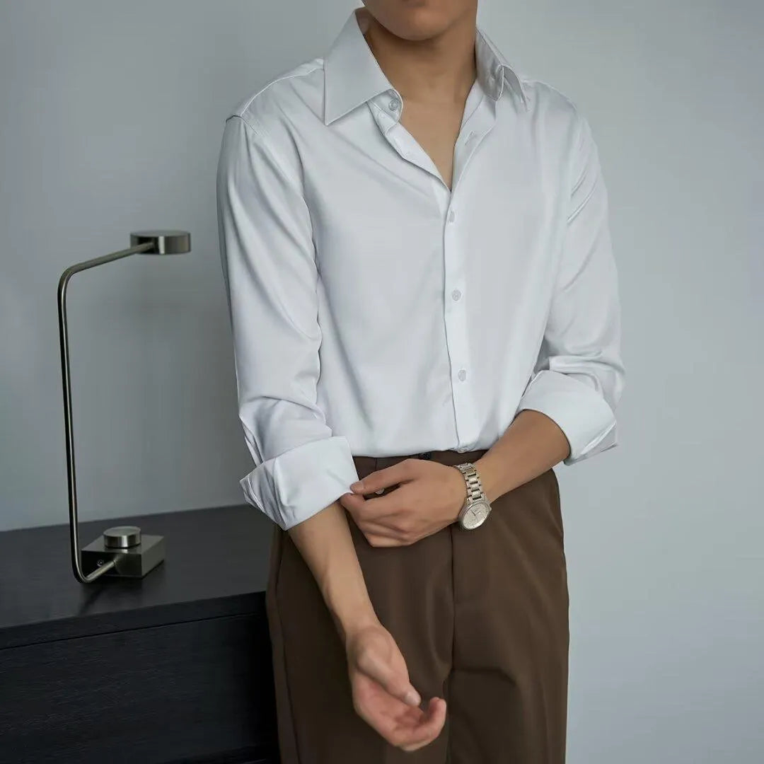 Men's black Korean style slim fit long sleeve shirt with a loose cardigan cut.