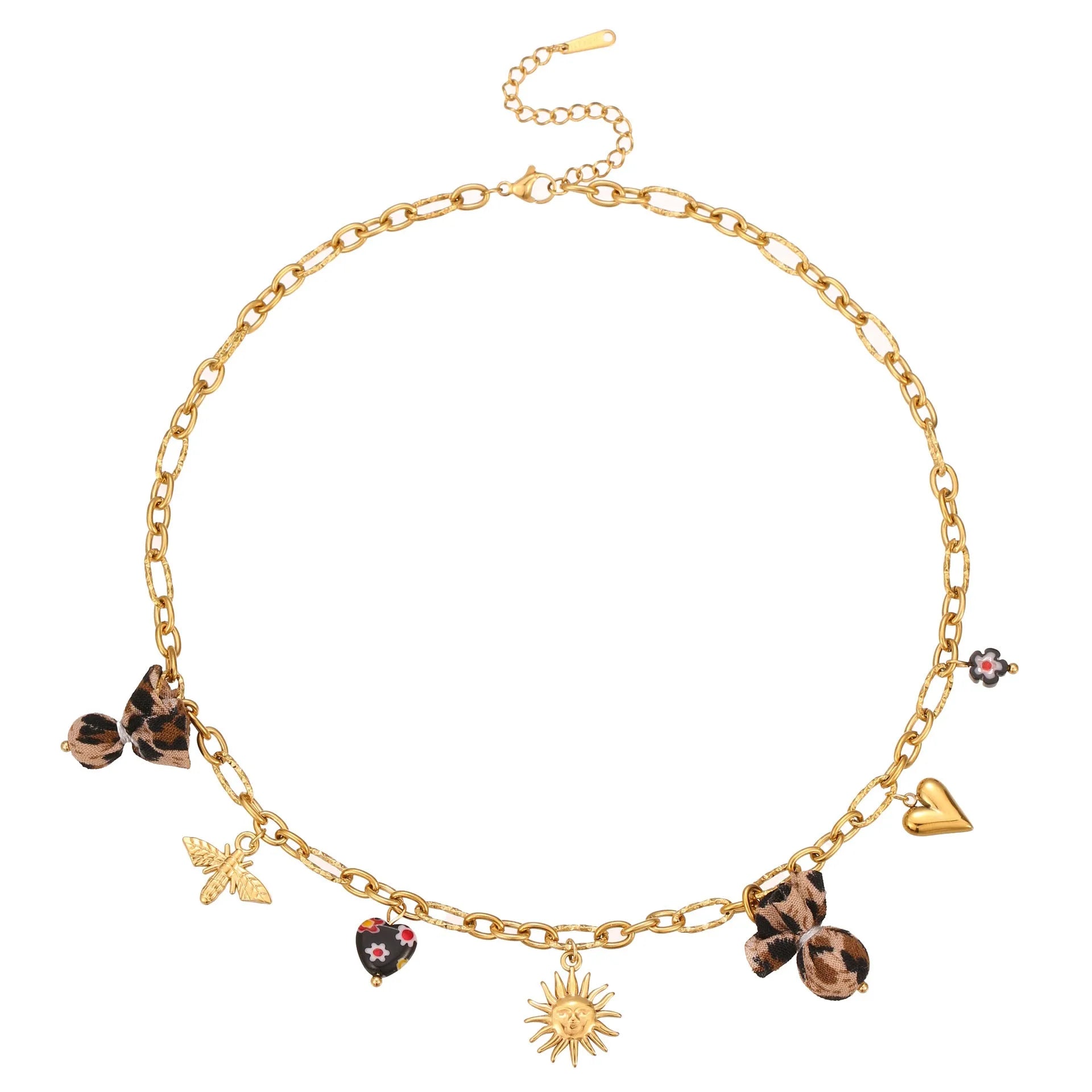 Geometric leopard and love heart flowers pendant necklace on stainless steel chain with 18K gold plating