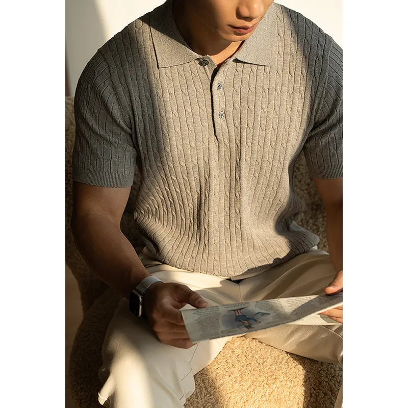 Men's short sleeve business commute top in khaki colour showing front view with size options