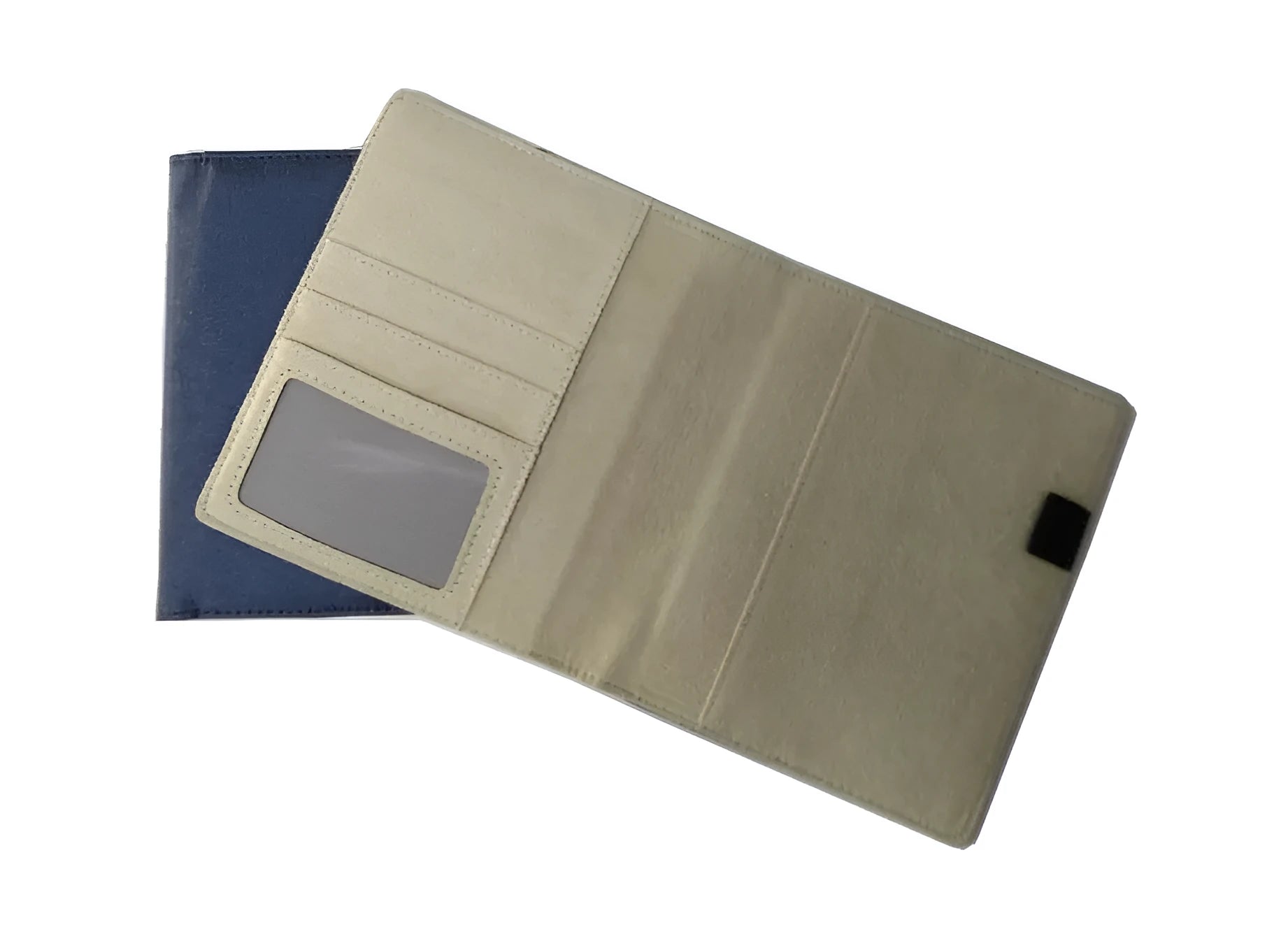 Blue imitation leather PU notebook shell for A4 pages, shown with a clear PP storage bag.