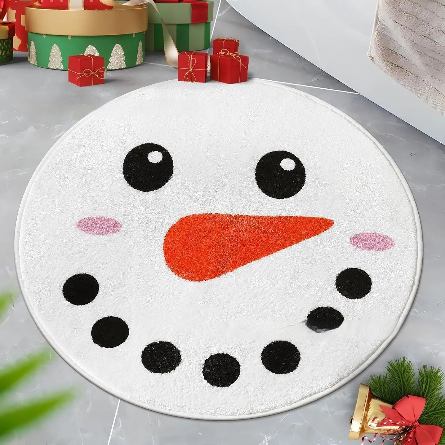 Round Christmas-themed carpet on floor, showing one of ten printed holiday blanket designs.