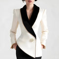 Women's milky white polyester coat with golden edge pearl buttons and irregular hem design