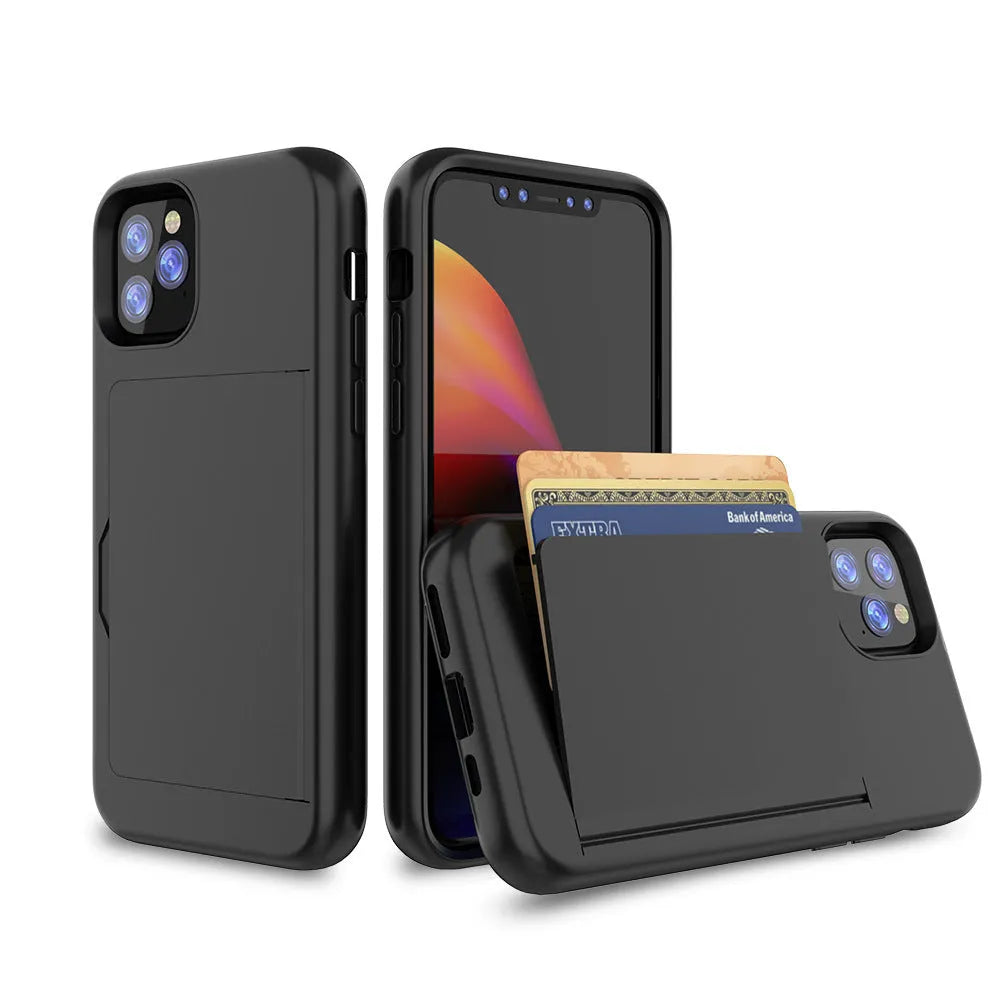 Solid-colour TPU and PC mobile phone case for Apple iPhone 11, shown in black, red, pink, dark blue, blue, and purple.