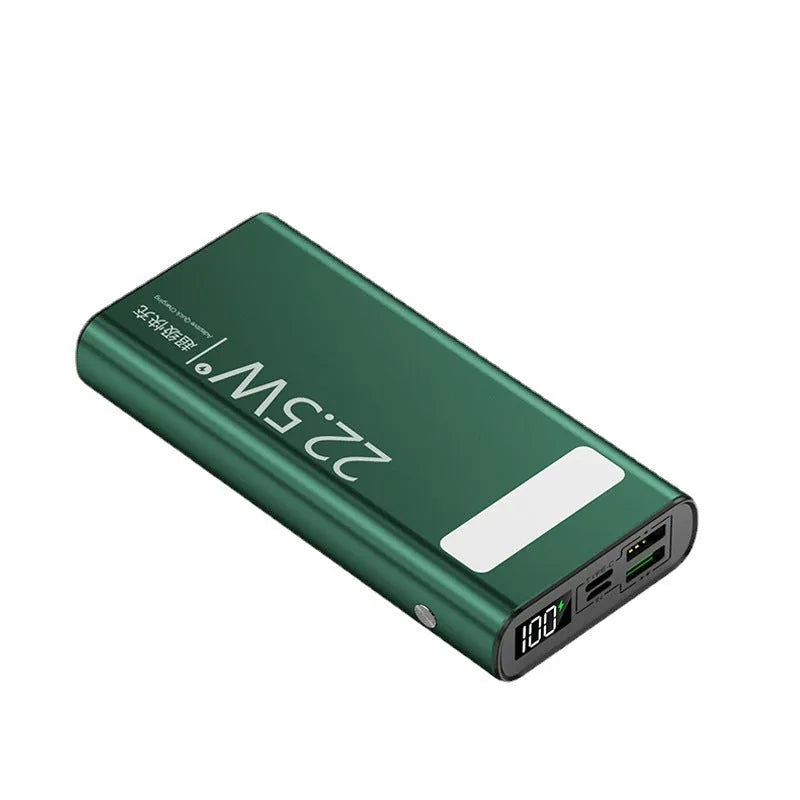 Alloy shell power bank with LCD display showing battery level, in black, green, red, or blue colour.