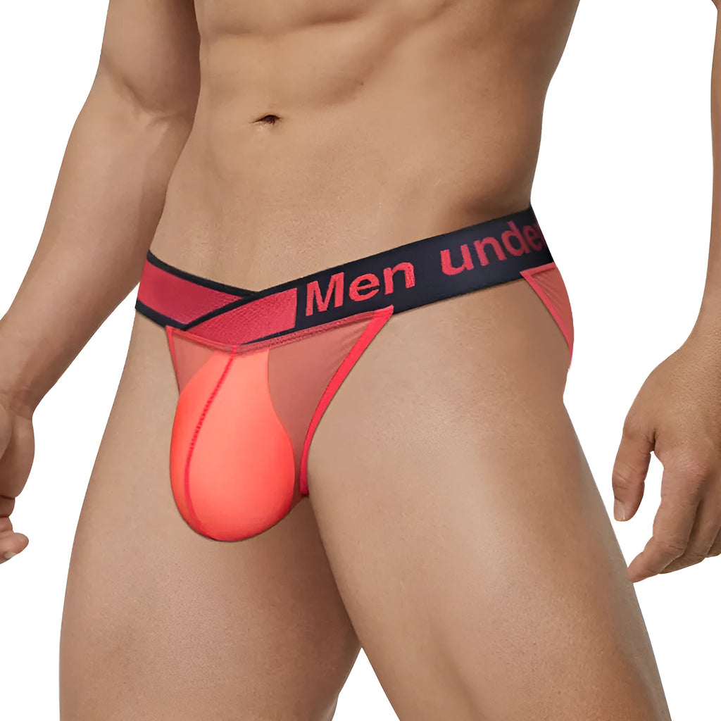 Men's red nylon briefs with large V gradient high fork and low waist design
