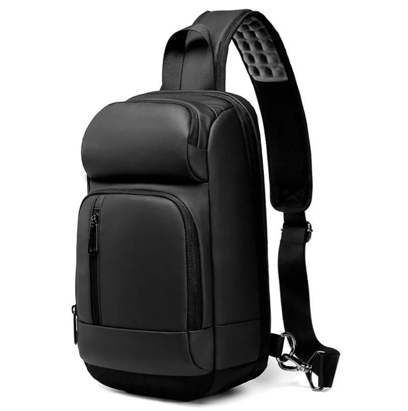 Black PVC outdoor shoulder bag with air cushion strap showing internal laptop and phone compartments