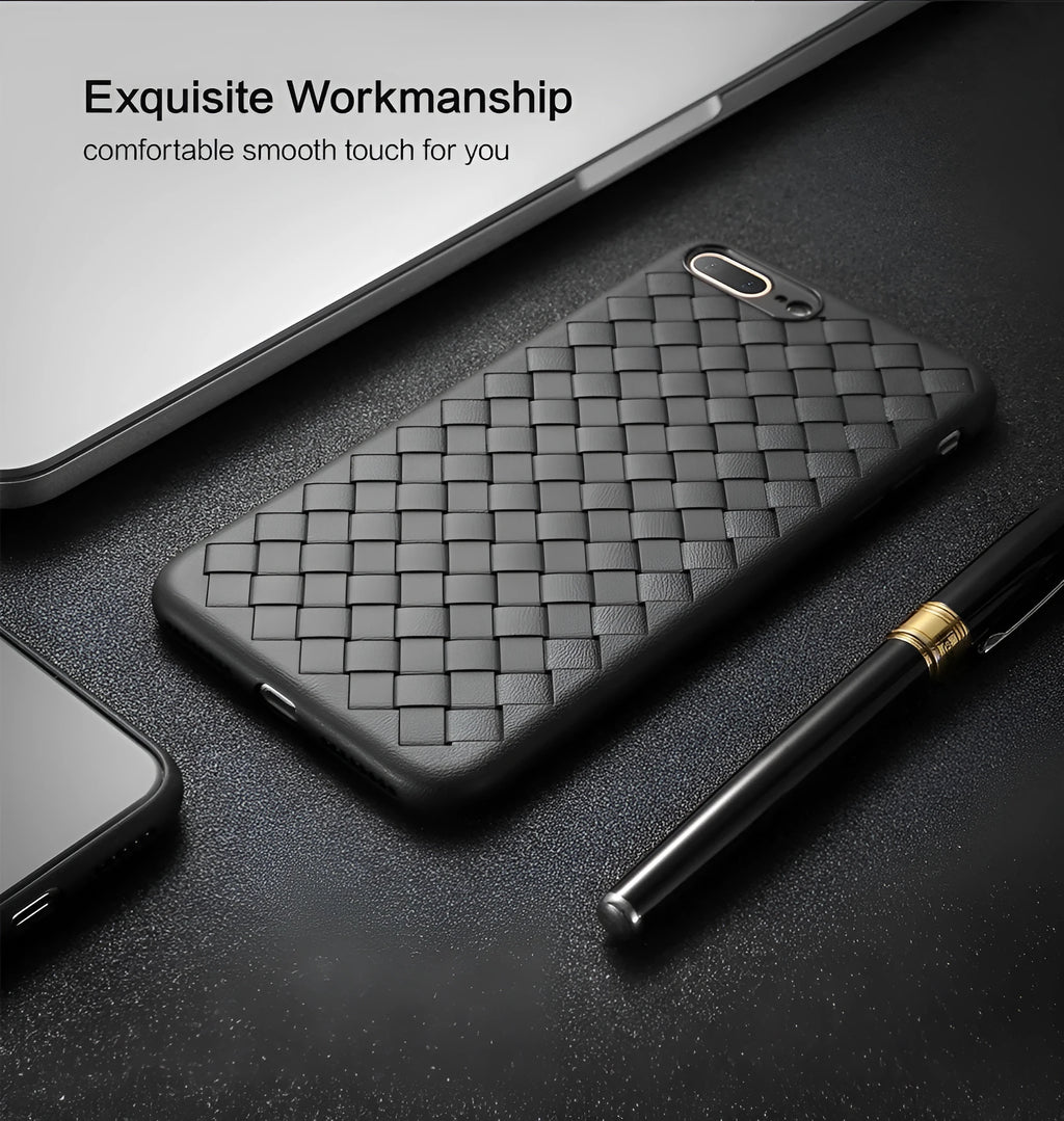 Luxury grid weaving pattern TPU phone case for iPhone, shown in multiple colours.