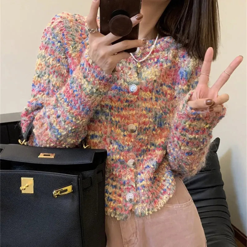 Pink and green rainbow knit cardigan with retro styling and slim fit