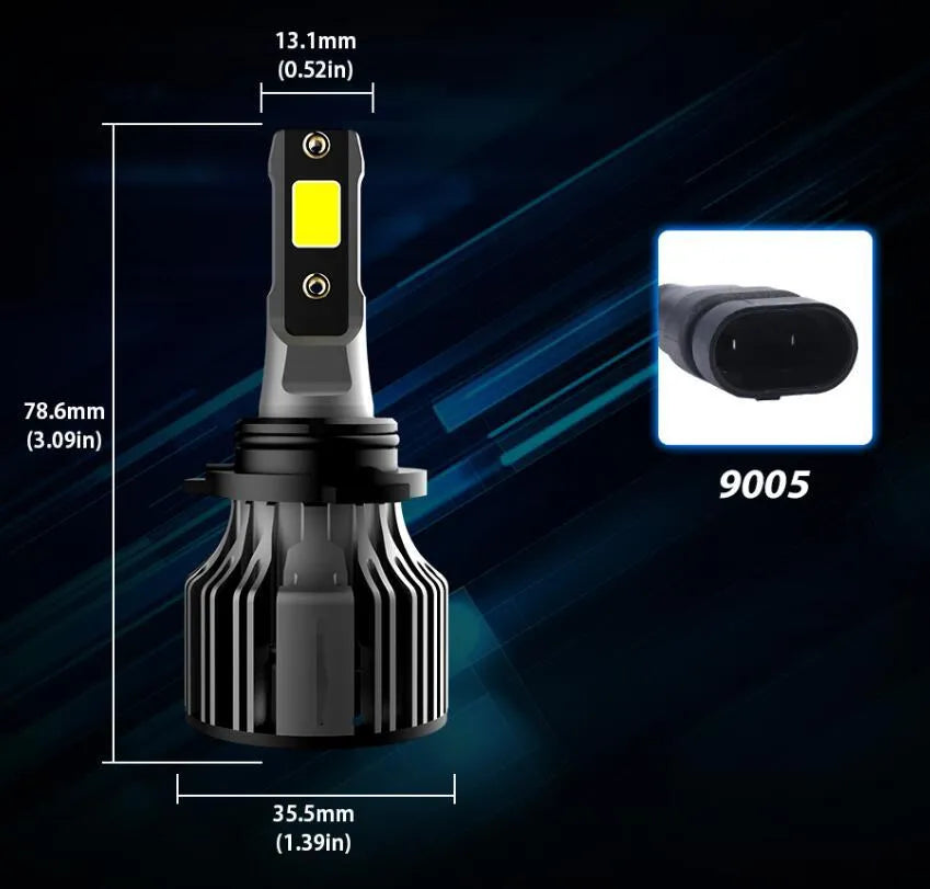 Car LED headlight bulb kit showing 6000K white light, 72W power rating, and compatible model numbers like H7 and 9005.