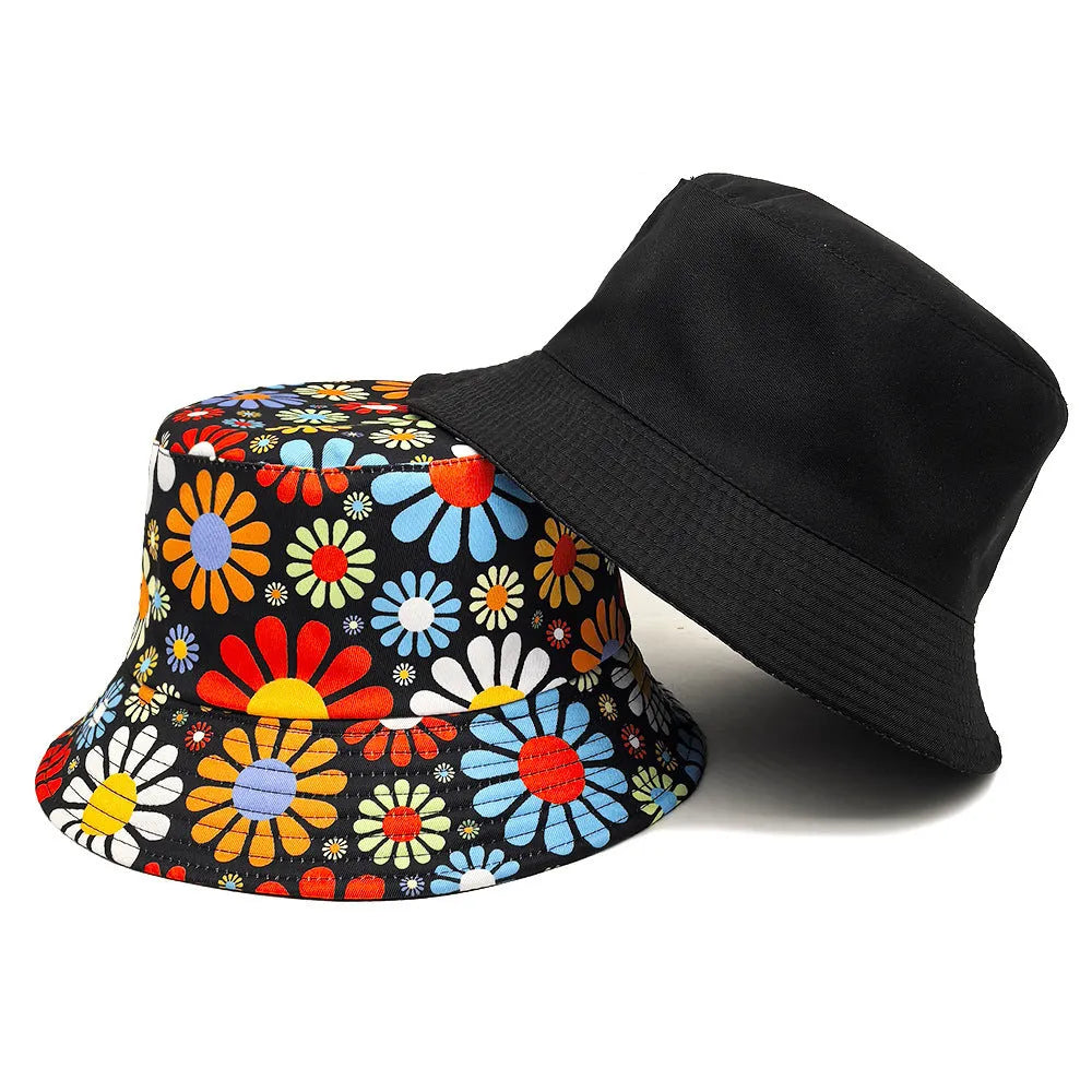 Colourful floral print bucket hat with dome crown in size M