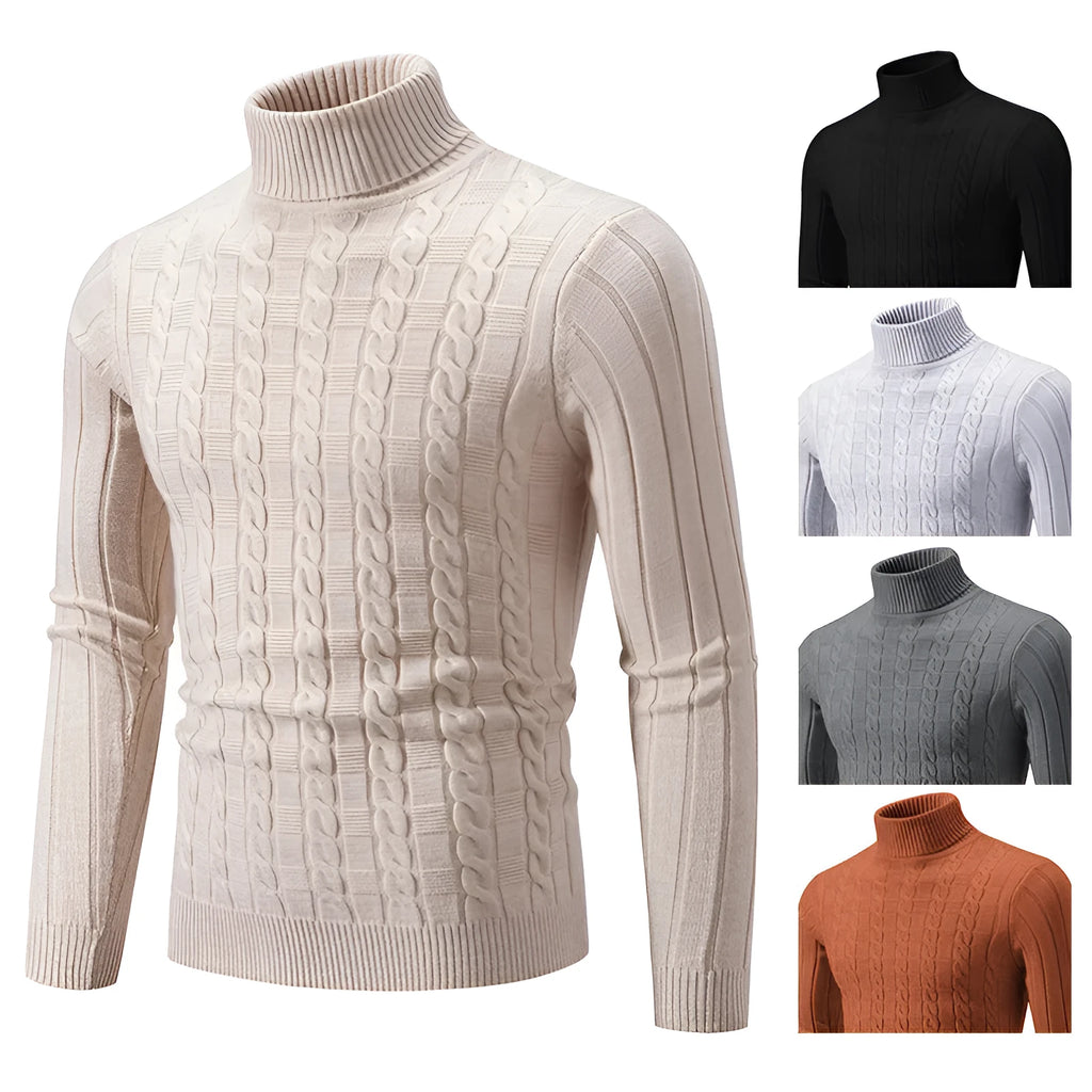 Men's slim fit chenille turtleneck pullover in dark gray on a hanger